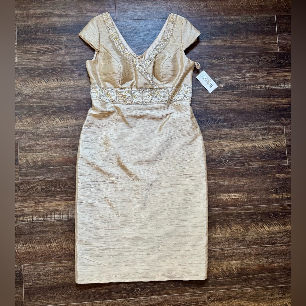 Annabelle Champagne Beaded Sheath Dress Size 16 NWT